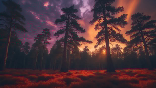 Forest Landscape at Sunset with Dramatic Clouds and Warm Light photo