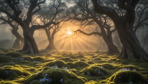 Sun Rays Shining Through Forest Trees on Mossy Ground with Flowers photo