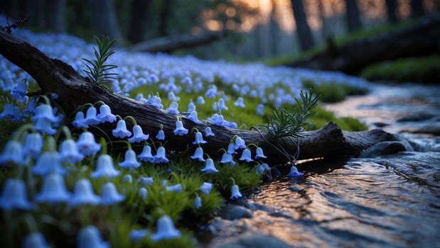 Flowering Bluebells by a Forest Stream at Dusk with Golden Light photo