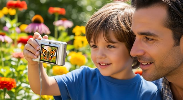 A man and a young boy taking a picture in a field photo