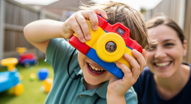 A woman and child are smiling while holding a toy camera photo