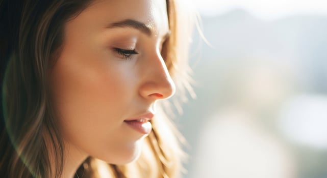 A woman with her eyes closed looking out the window photo