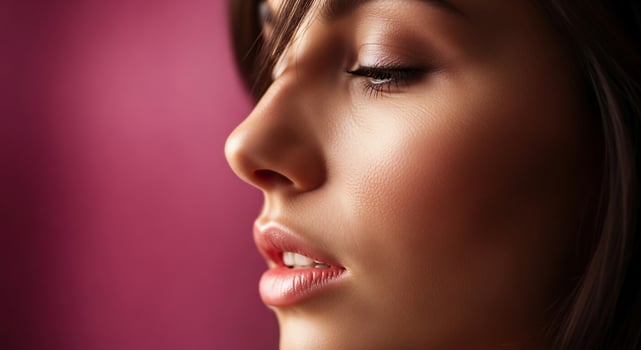 A woman with her eyes closed and pink background photo