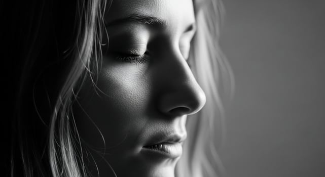 A woman with her eyes closed and her face in black and white photo