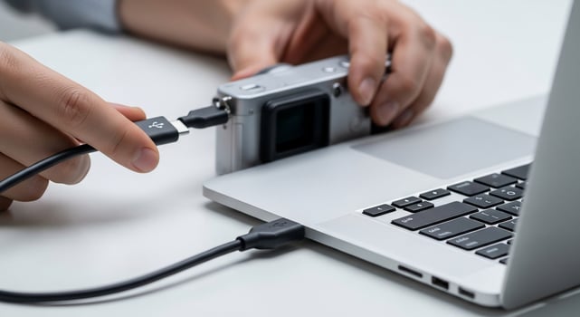 A person is holding a camera to a laptop photo