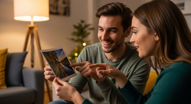 Couple Looking at Photo, Pointing, Smiling, Home Interior. photo