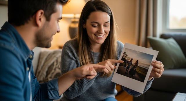 A man and woman are looking at a photo on a phone