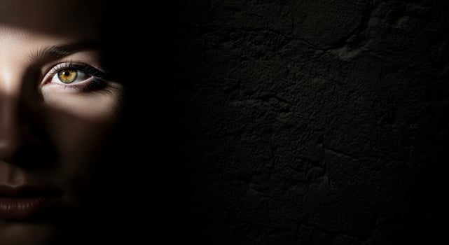 A woman with yellow eyes is looking into the camera photo