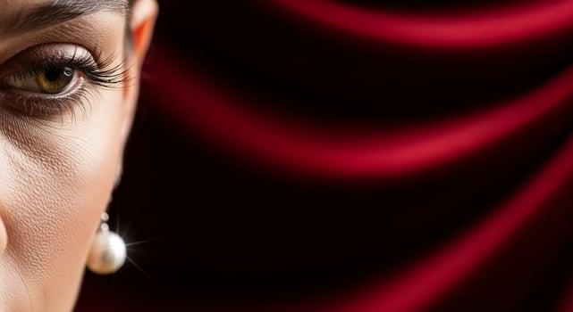 A woman with a large earring and a red curtain photo