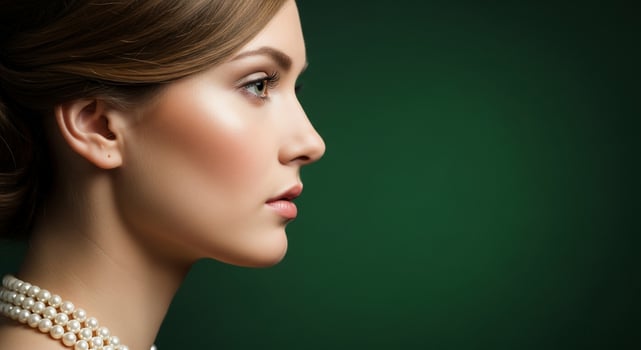 Portrait of beautiful woman with pearl necklace and pearls on green background photo