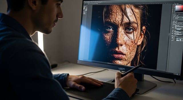 A man is working on a computer screen with a photo of a woman