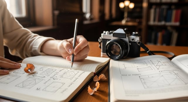 A woman is drawing on a notebook with a camera in the background photo