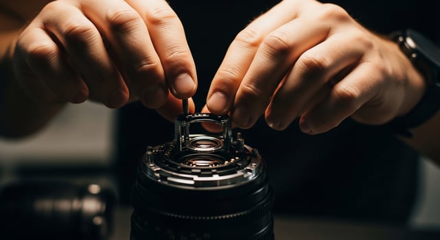 A person is holding a camera lens photo