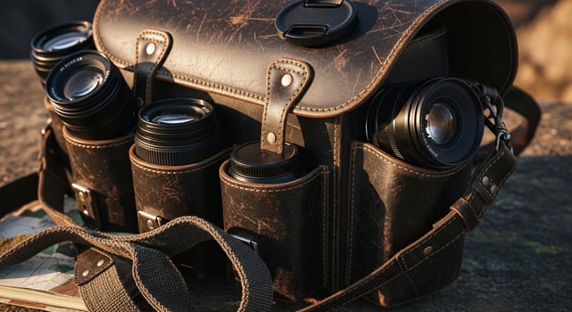 A leather camera bag with several lenses on top of it photo