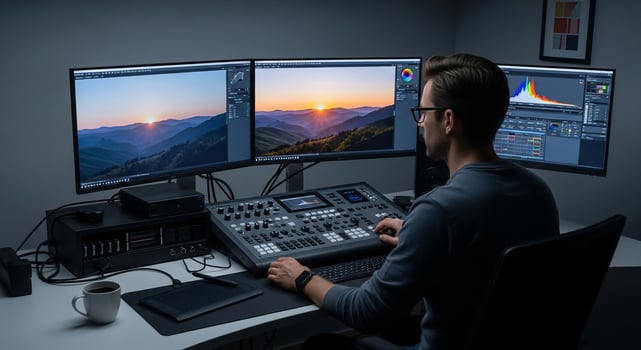 A man sitting at a desk with three monitors photo