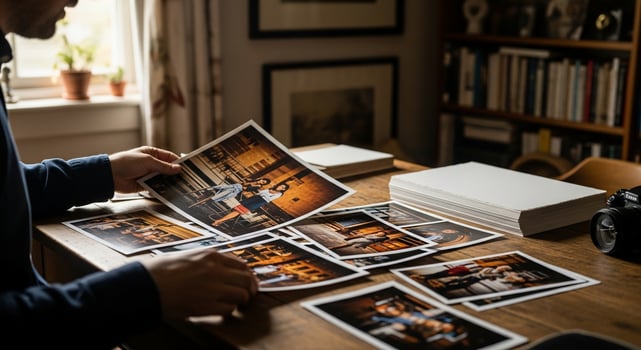 Man looking at photos on table