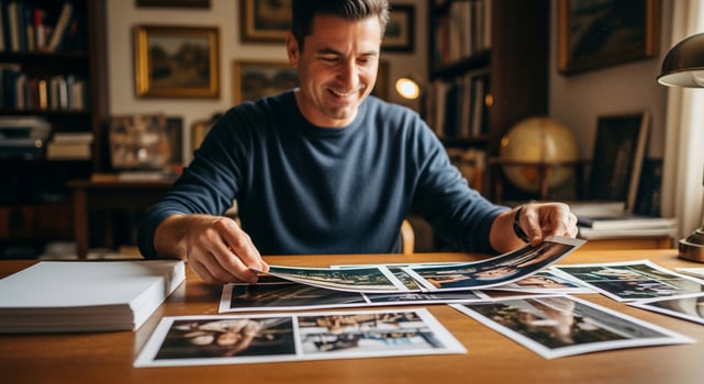 A man is looking at photos on a table