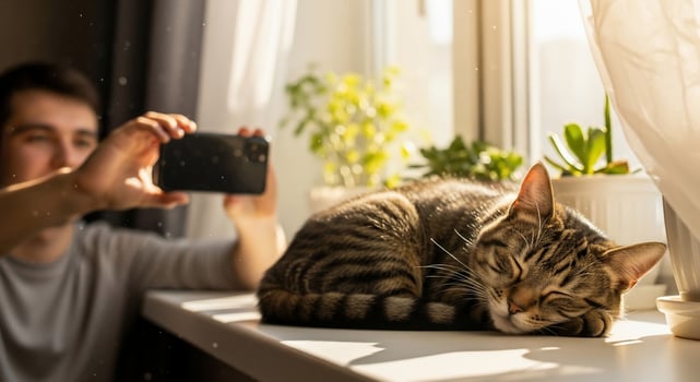 A man taking a photo of a cat on a window sill