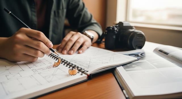 A man is working on a project with a pen and paper photo