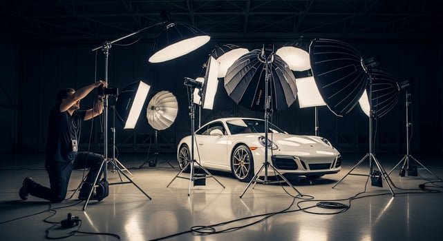 Photographer Adjusting Lights for White Sports Car in Studio photo