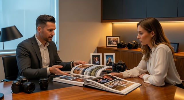 Photographer and Client Reviewing Photo Album in Office