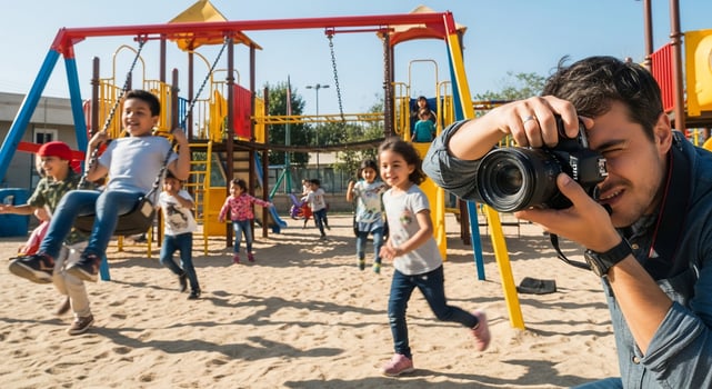 Photographer Captures Children Playing at Playground, Sunny Day. photo
