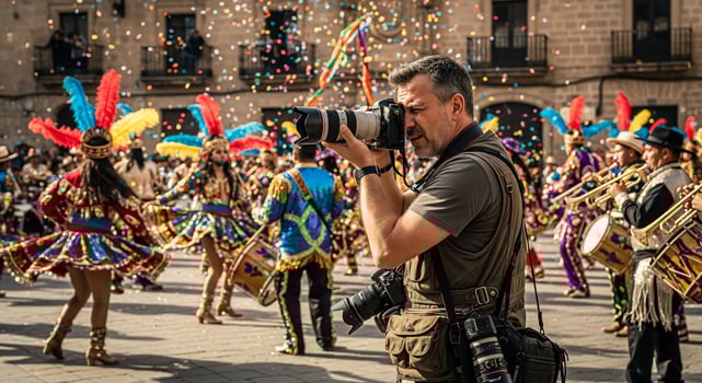A man taking a photo of a parade with colorful costumes