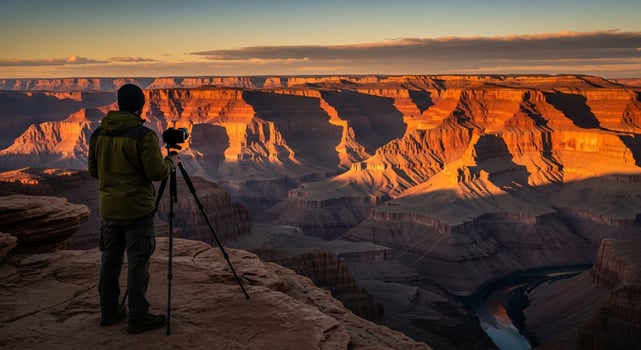 Photographer Captures Grand Canyon Sunrise, Dramatic Landscape View. photo