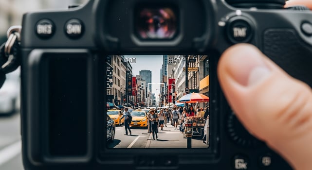 Photographer Captures New York City Street Scene Through Camera Viewfinder. photo