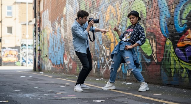 Photographer Captures Posed Woman in Front of Graffiti Wall photo