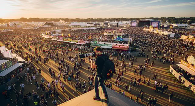 Photographer Captures Music Festival Crowd at Sunset, Aerial View. photo