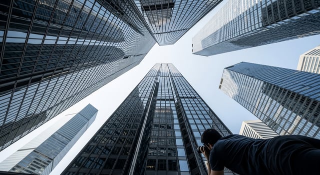 A person looking up at tall buildings in a city photo