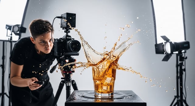 A man is taking a photo of a drink with a camera