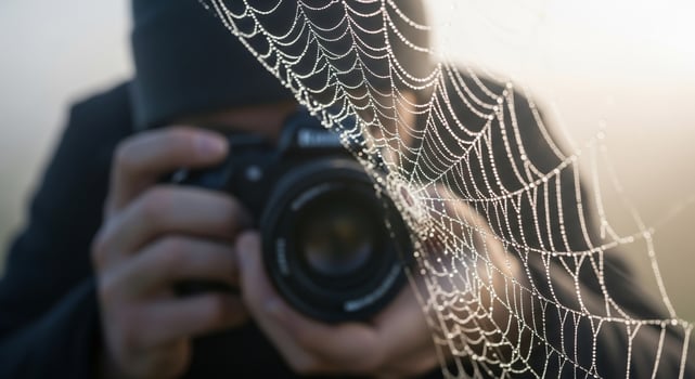A person taking a picture of a spider web photo