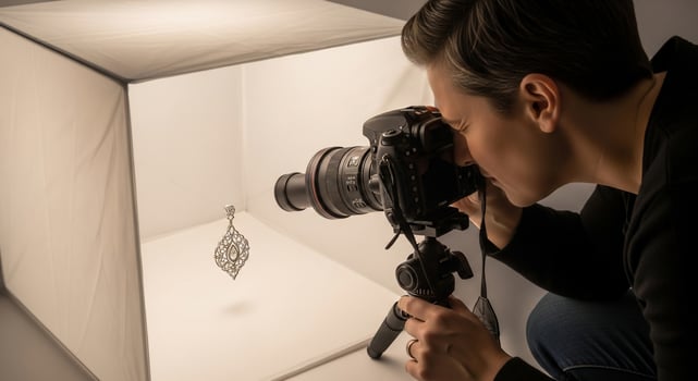 A man taking a photo of a diamond ring