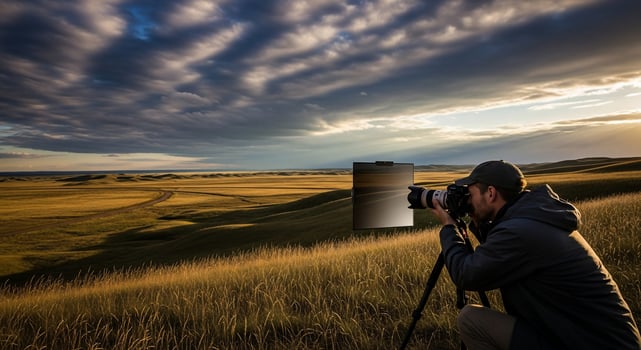 Photographer Capturing Landscape with Dramatic Sky and Fields photo