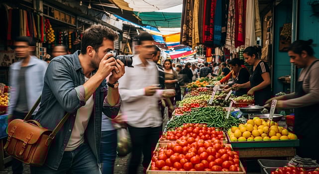 Photographer Capturing Market Scene with Fresh Produce and People. photo