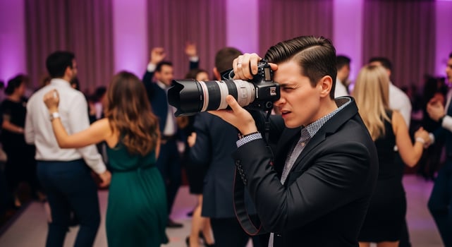 Photographer Capturing Party Scene with Dancing People and Camera. photo