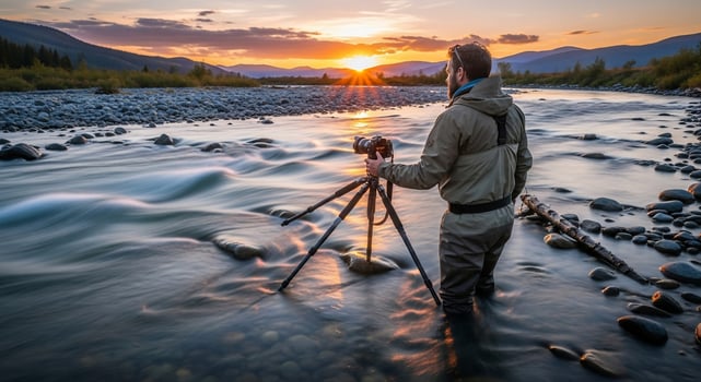 Photographer Capturing Sunset River Landscape with Tripod and Camera. photo