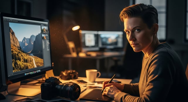 Photographer Editing Landscape Photo on Computer, Looking at Camera.