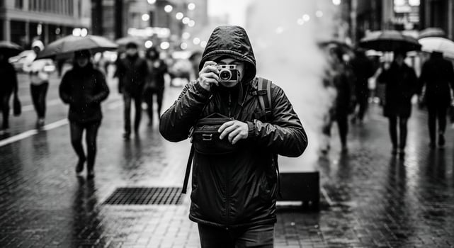 Photographer in Rain Captures City Street Scene, Black and White. photo
