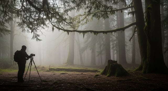 Photographer in Misty Forest, Capturing Nature's Beauty. photo
