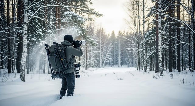 Photographer in Snowy Forest with Camera and Backpack photo
