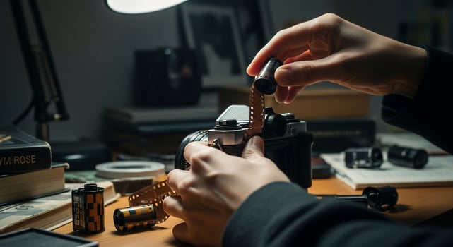 A person is fixing a camera on a desk photo