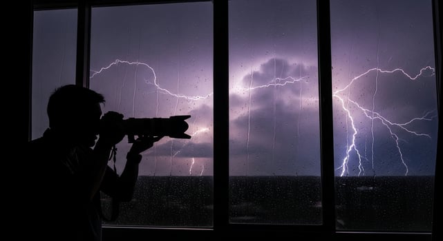 Photographer Silhouetted Capturing Lightning Storm Through Window photo