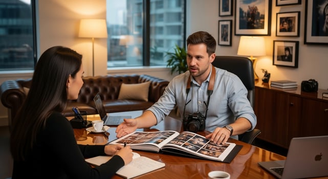 Photographer showing portfolio to client in office setting. photo