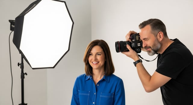 A man and woman are taking a photo in front of a light