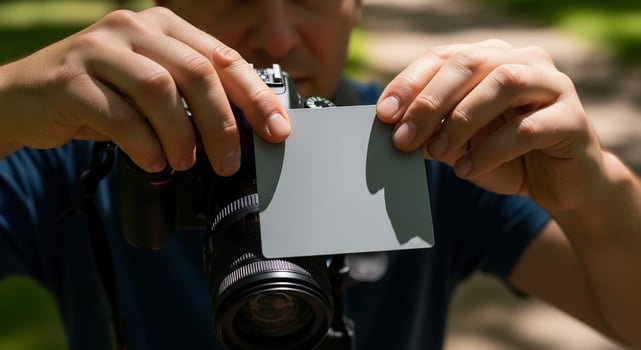 A man holding a camera and holding a piece of paper photo