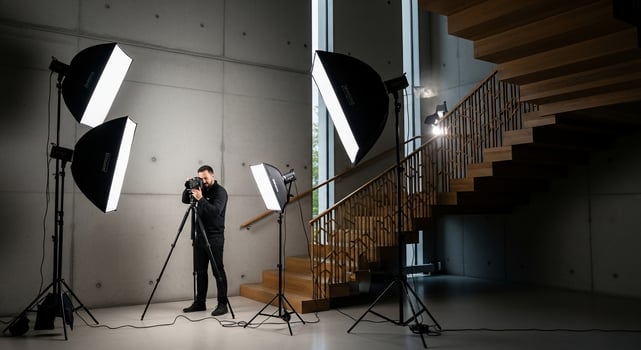 A man standing in front of a stairway with a light and two lights photo
