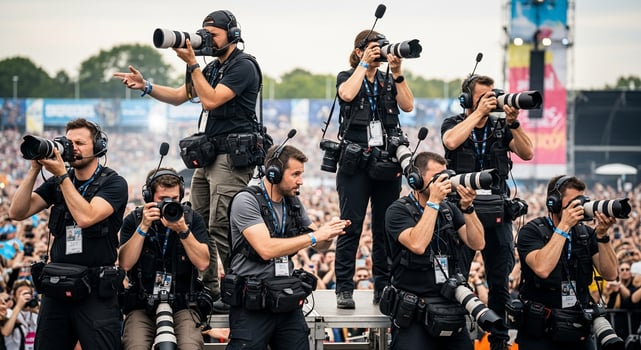 A group of people with cameras on top of a stage photo